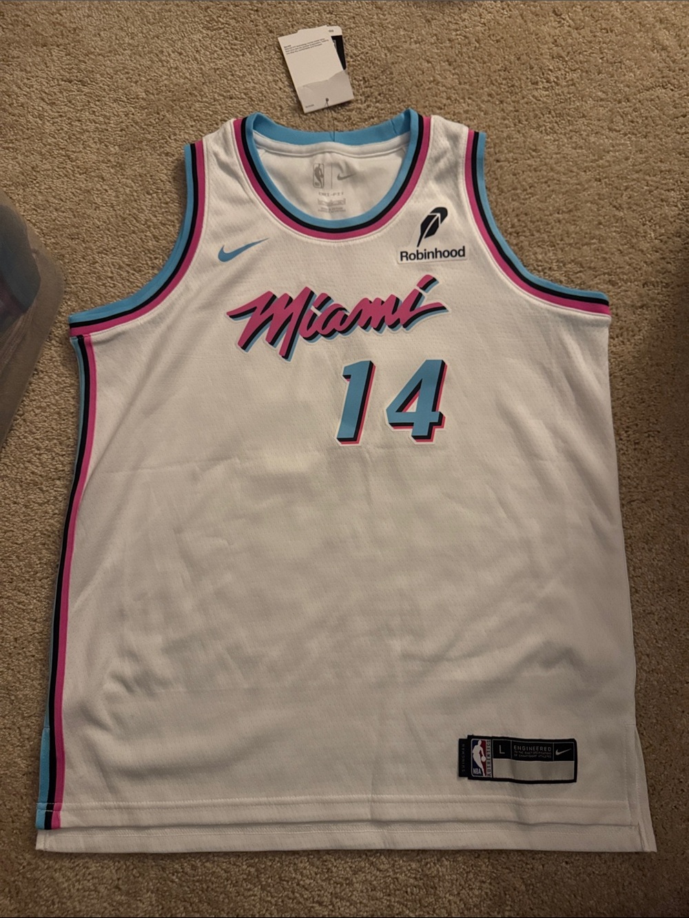 Nike Youth White Miami Vice Script Basketball Jersey with Pink & Aqua Trim